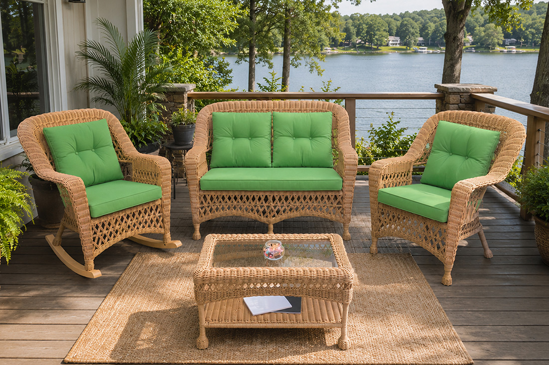 Premium Indonesian Resin Wicker Patio Furniture, Honey Summer Point w/Seat & Back Cushions